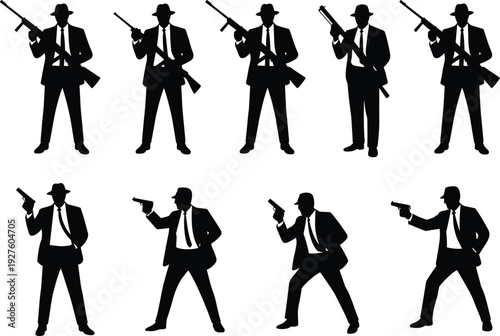 Black silhouette set of men in suits and hats holding rifles and handguns for gangster, mafia, and secret agent themes.