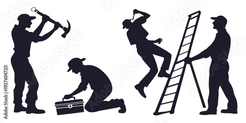 Four people engaged in various construction and repair activities Vector