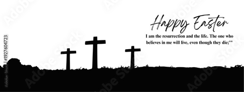 Happy Easter vector illustration with three crosses on a hill, resurrection of Jesus Christ concept.