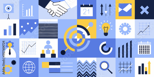 Abstract business illustration featuring icons representing growth data and strategy
