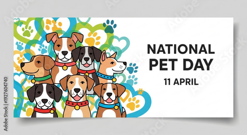 Diverse group of happy dogs celebrating national pet day on april 11th with colorful collars and paw print background