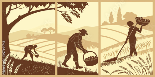 Ancient civilization depicted in a series of three illustrations showing daily life and activities Vector