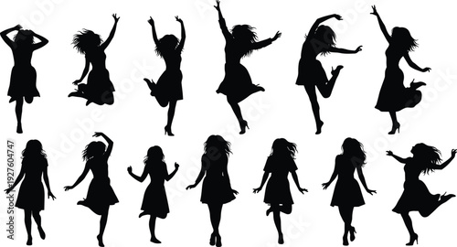 Dynamic group of joyful women jumping silhouettes, dancing energetic poses in dresses, playful celebration figures, black vector fashion illustration set