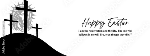 Happy Easter vector illustration with three crosses on a hill, resurrection of Jesus Christ concept.
