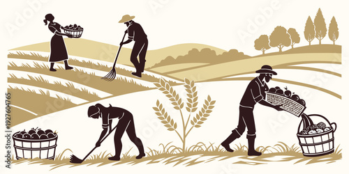 Ancient civilization depicted with various tools and activities Vector