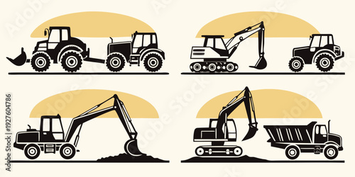 Six yellow construction vehicles parked in a row on a grey background Vector