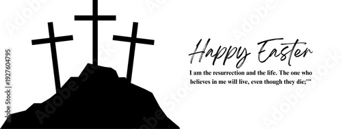 Happy Easter vector illustration with three crosses on a hill, resurrection of Jesus Christ concept.