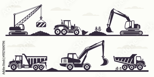 Construction equipment and vehicles in action on a job site Vector