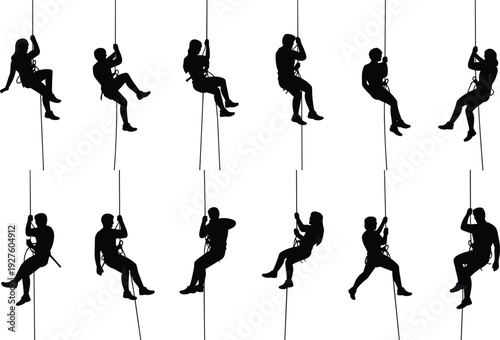 Black silhouette collection of people rappelling and rock climbing on ropes for outdoor adventure, extreme sports, mountaineering, and active lifestyle vector