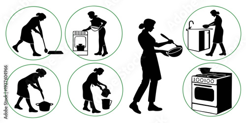 Illustrations of people engaged in various household chores and activities Vector