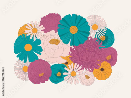 A vibrant and colorful illustration of a bouquet of flowers in shades of pink, teal, and orange.