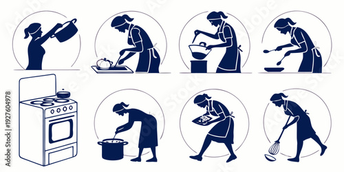 A series of illustrations depicting a person performing various household chores Vector