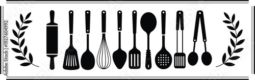 Black silhouette set of essential kitchen utensils including rolling pin, spatula, whisk, spoons, and tongs for culinary cooking and bakery design.