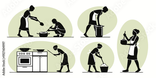 Diverse individuals engaged in various household chores and activities Vector