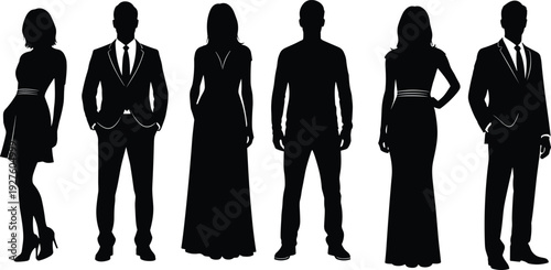 Elegant black silhouettes of men and women in formal evening wear tuxedos gowns dresses, vector illustration for gala party corporate event fashion