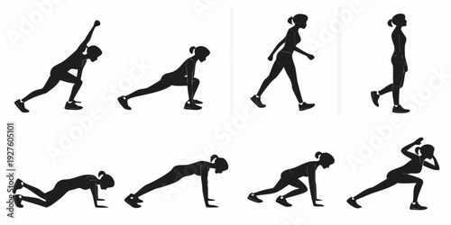 A sequence of images showing a person performing a series of burpee exercises Vector