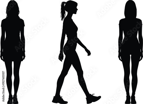 Black silhouettes of person standing and walking with ponytail, human figure poses for anatomy, motion study, design, fitness, posture, and lifestyle illustration isolated vector
