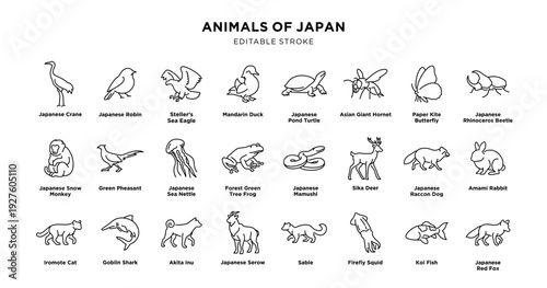 Animals of japan line icon set with editable stroke