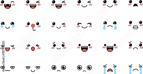 Cute kawaii facial expression set with emotive cartoon eyes and mouths vector collection for emoji, stickers, and character design