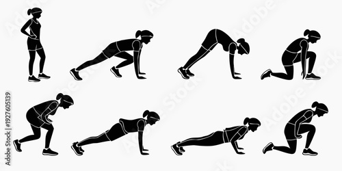 Demonstration of the proper technique for performing a burpee exercise Vector
