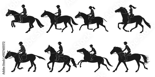 A dynamic scene of eight horses galloping in a line against a white background Vector
