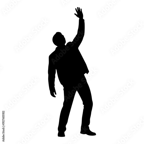 Silhouette of a man reaching upwards with one hand raised.