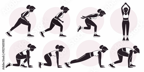 A series of illustrations depicting various exercises and activities for physical fitness Vector