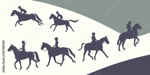 Silhouettes of horses and riders galloping across a landscape Vector