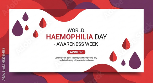 World haemophilia day awareness week poster with red and purple blood drops on white background
