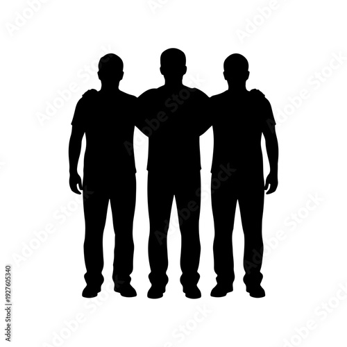 Silhouette of Three Men Standing Together with Arms Around Shoulders.
