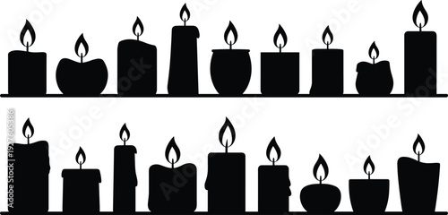 Black silhouette candle icons with burning flames in various shapes and sizes for memorial, holiday, religious, and cozy home atmosphere vector