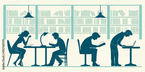 People working on laptops in a modern office environment with large windows Vector