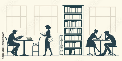 Students studying in a library with bookshelves and desks. Vector