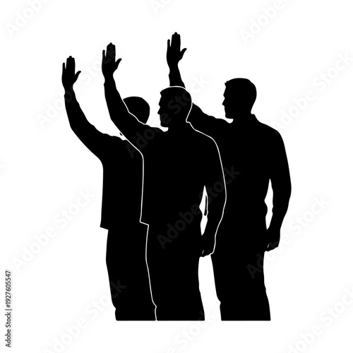 Silhouette of Three Men Raising Hands in Agreement.