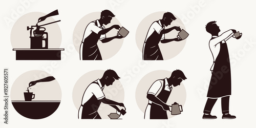 A series of illustrations depicting various activities involving a man and a bird. Vector