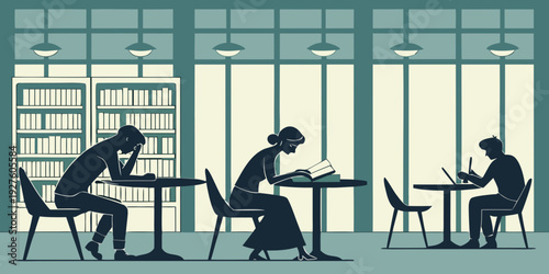 Students studying in a library with large windows and bookshelves Vector