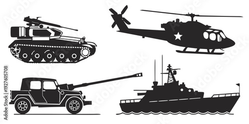 A diverse collection of military vehicles and aircraft in silhouette form Vector