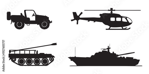 A variety of military vehicles including a car, helicopter, tank, and ship Vector