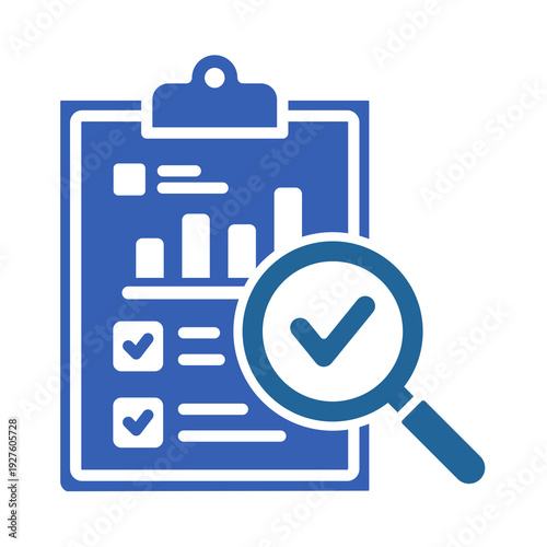 Magnifying glass examining a clipboard with a checklist and graphs