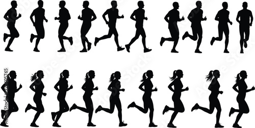 Running people silhouette vector set with male and female joggers in motion, fitness and marathon training illustration collection for sport, health, and active lifestyle design