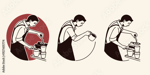 Three stylized figures in circular frames, each engaged in different activities Vector