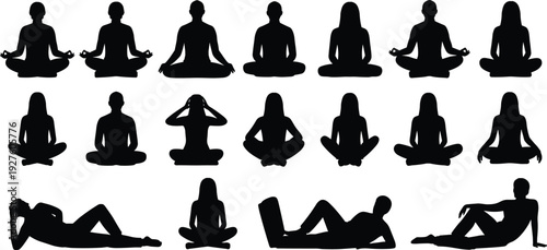Silhouettes of people in meditation and relaxation poses, yoga practice illustration, mindfulness concept, stress relief and inner peace