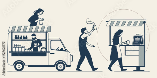 A busy street scene with people enjoying food from a food truck. Vector