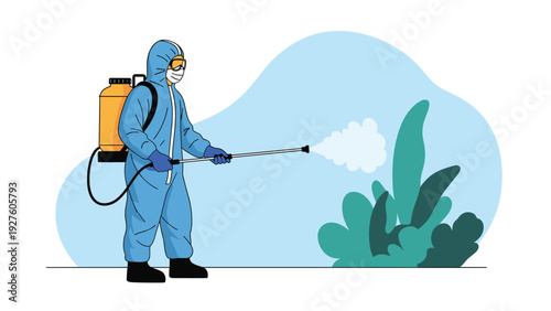 Worker wearing a blue protective hazmat suit and mask spraying disinfectant on green plants in a public area for sanitization.