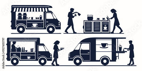 Illustration of various food trucks and their delivery process Vector
