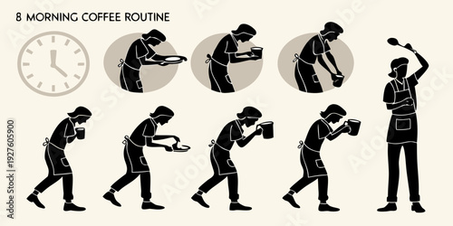 Illustration of a person performing various exercises in a gym setting. Vector