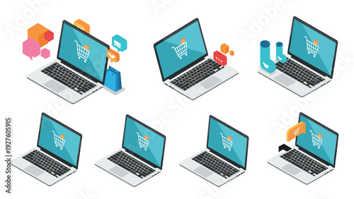 Collection of isometric laptop icons showing online shopping carts and delivery symbols on blue screens against a white background.