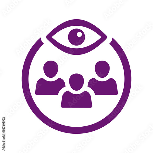 Group of people being watched by a large eye symbolizing surveillance and privacy.