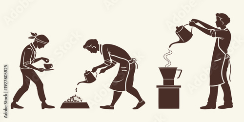 A sequence of illustrations depicting the process of brewing coffee from beans Vector