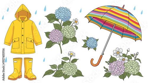 Rainy day set featuring a yellow raincoat and boots alongside colorful hydrangeas and a bright striped umbrella for wet weather.